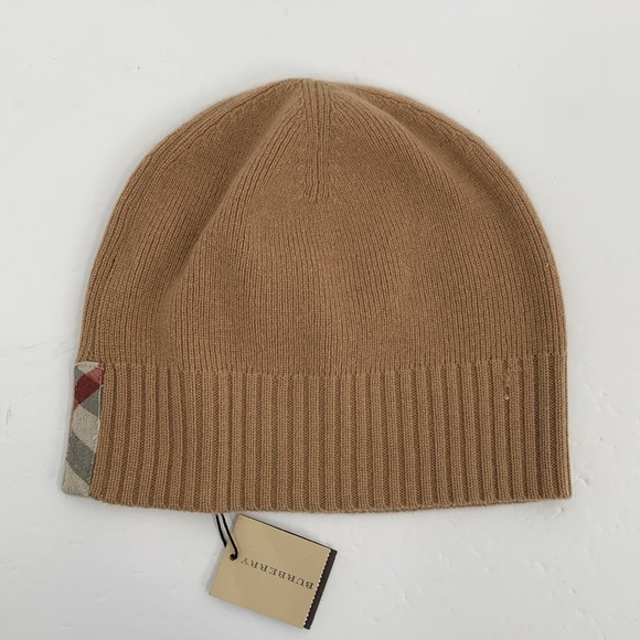 Burberry Cashmere camel knitted beanie hat cap stretch Nova check plaid trim new - Picture 1 of 3